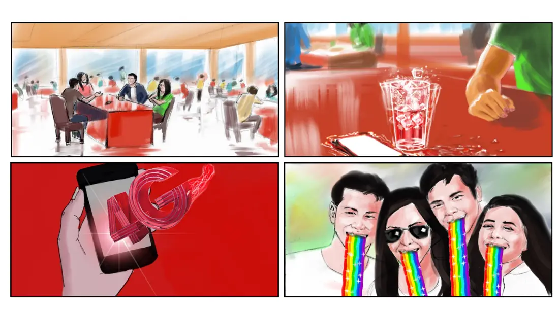 Colour storyboard for an Airtel 4G commercial: friends at a café, a phone showing 4G, the group reacting